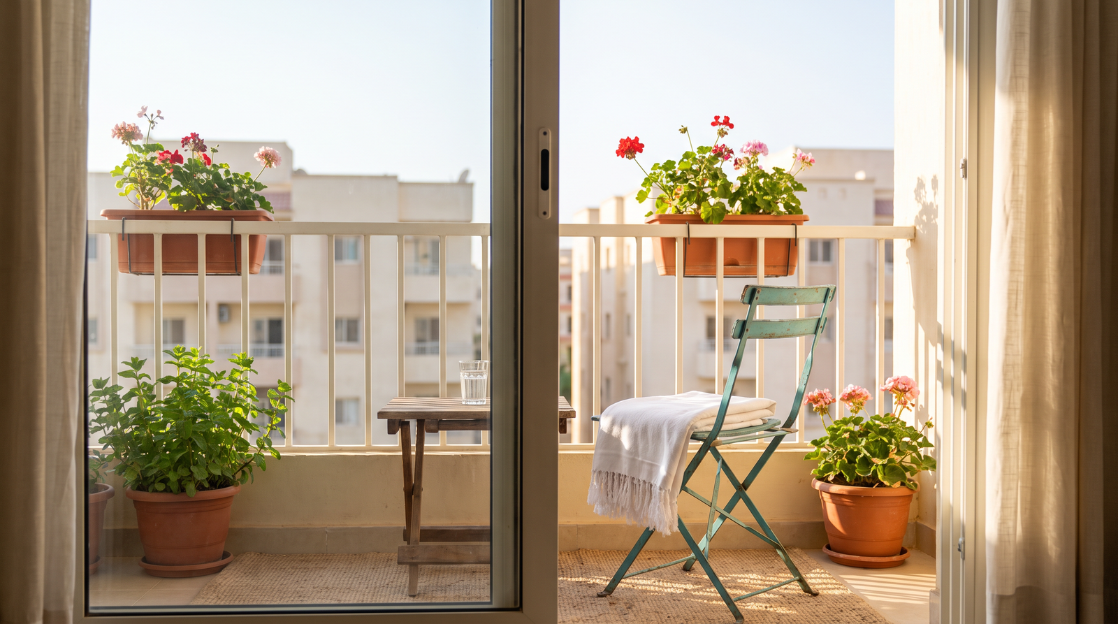A bright balcony with plants and a green chair