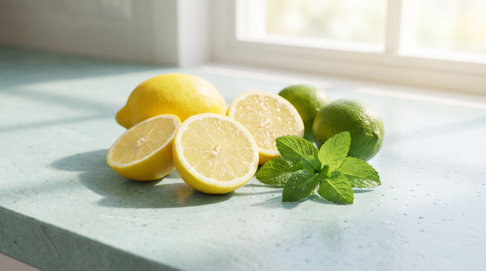 Lemons, limes and mint on a turquoise counter