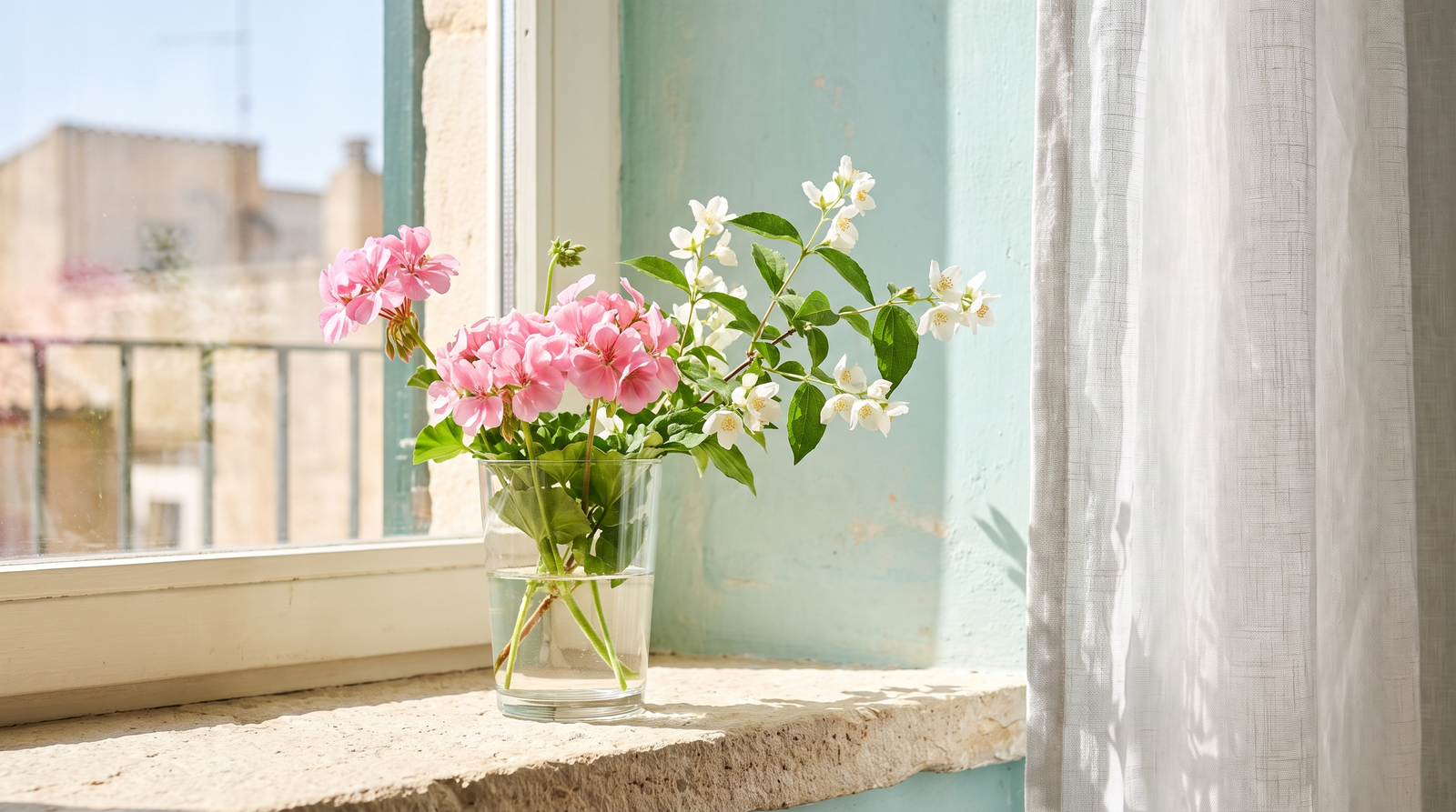 Pink flowers and white jasmine in a sunlit window